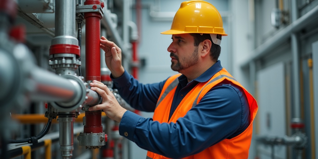 Engenheiro inspecionando sistema de prevenção contra incêndio